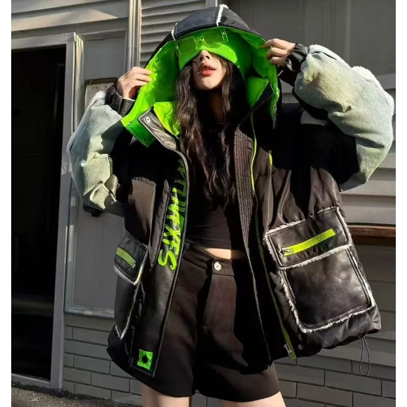 

Пуховик нового стиля, наряд для пары унисекс, короткий стиль со съемным капюшоном, контрастные цветные надписи, модный