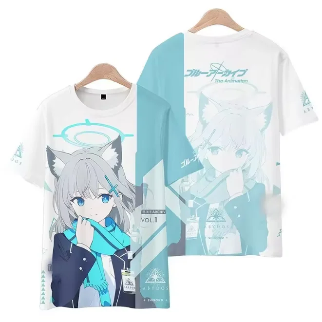 Anime Blue Archive Hoshino T‑Shirt Polyester Mesh Short Sleeve Tee Split Color Print Graphic Casual Streetwear Men Women Cosplay