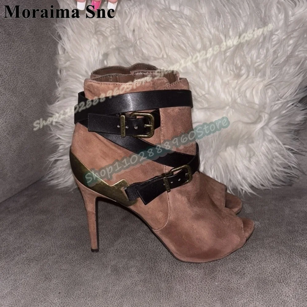 

Trendy Brown Flock Buckle Strappy Ankle Boots Thin High Heel Shoes For Women Side Zipper Peep Toe Casual Fashionable Women Boots