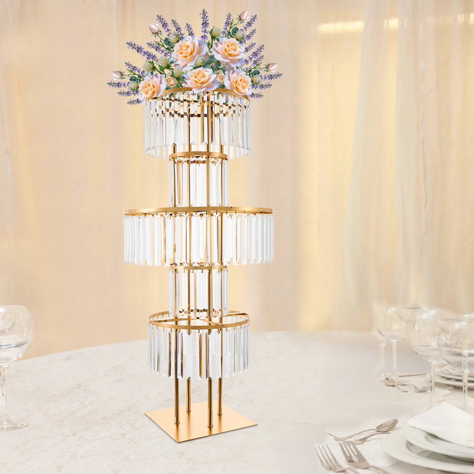5-Tier Gold Display Stand, 110cm High Crystal Wedding Centerpieces Floral Rack, Free Standing Flower Stand for Banquet, Festival, Birthday Party