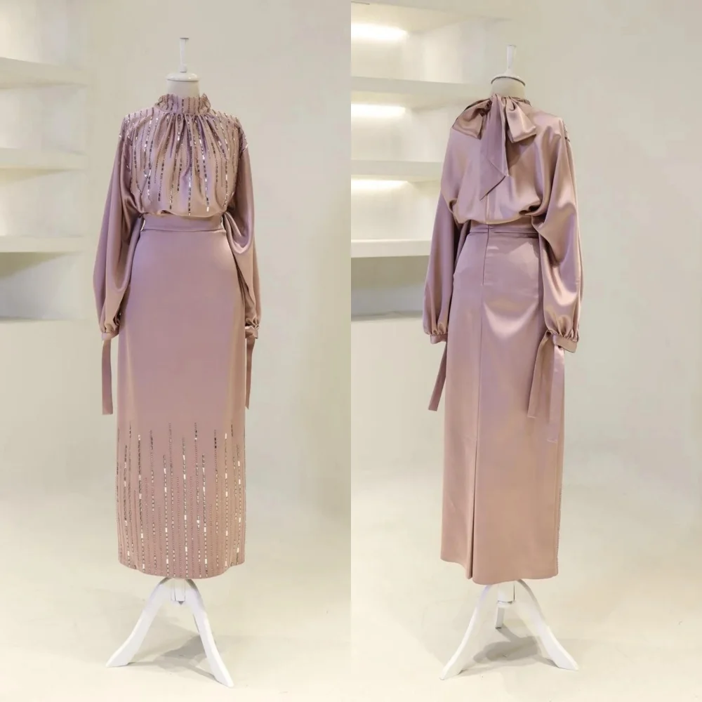 

Customized Charmeuse Pleat Sequined High Collar Straight Midi Dresses Women's Evening Bespoke Occasion Classic Exquisite Glitter