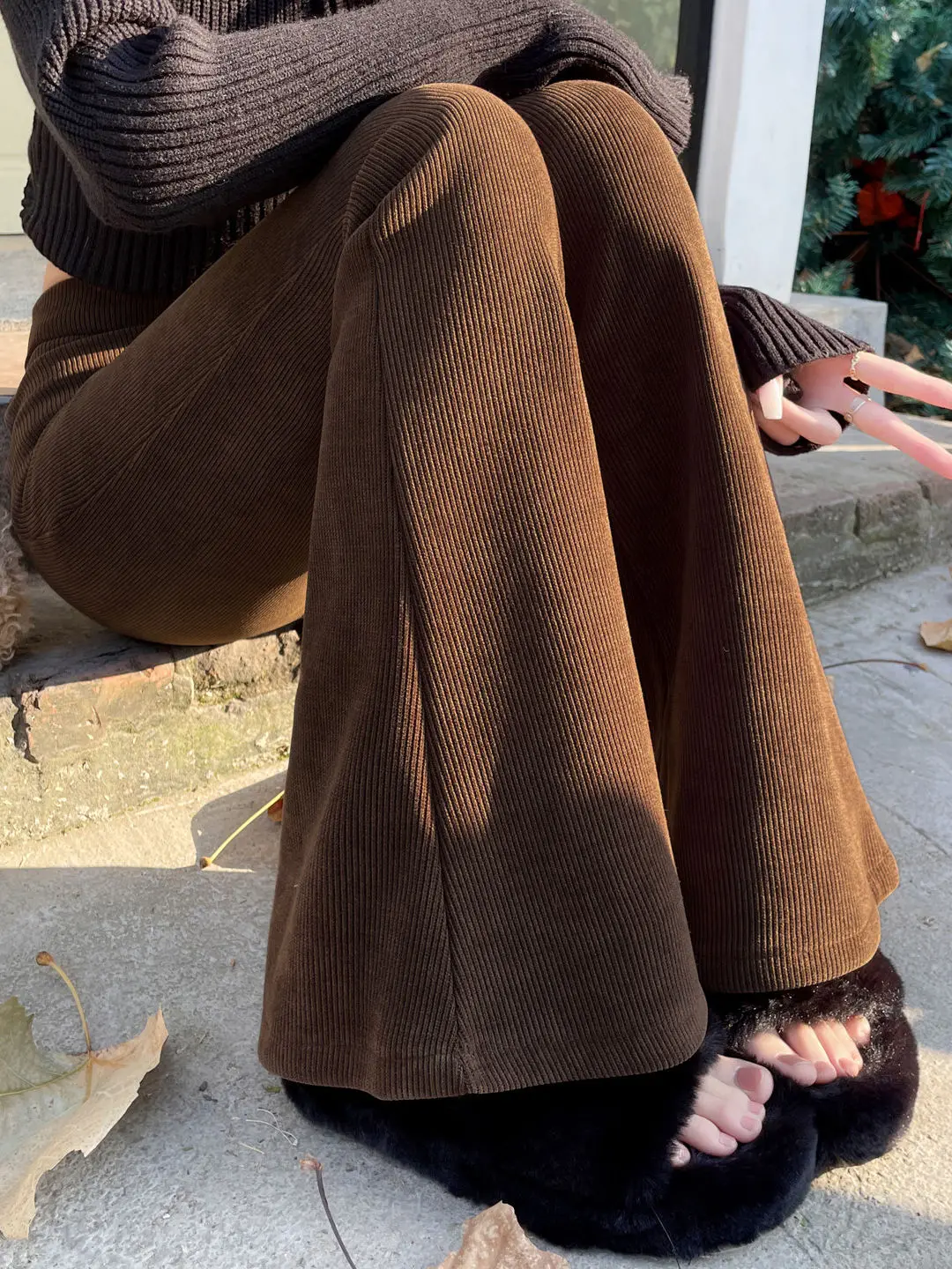 

High Waist Fleece Lined Thickened Corduroy Micro Flared Knitted Pants Women Autumn Winter New Style Floor Length Wide Leg Tro...