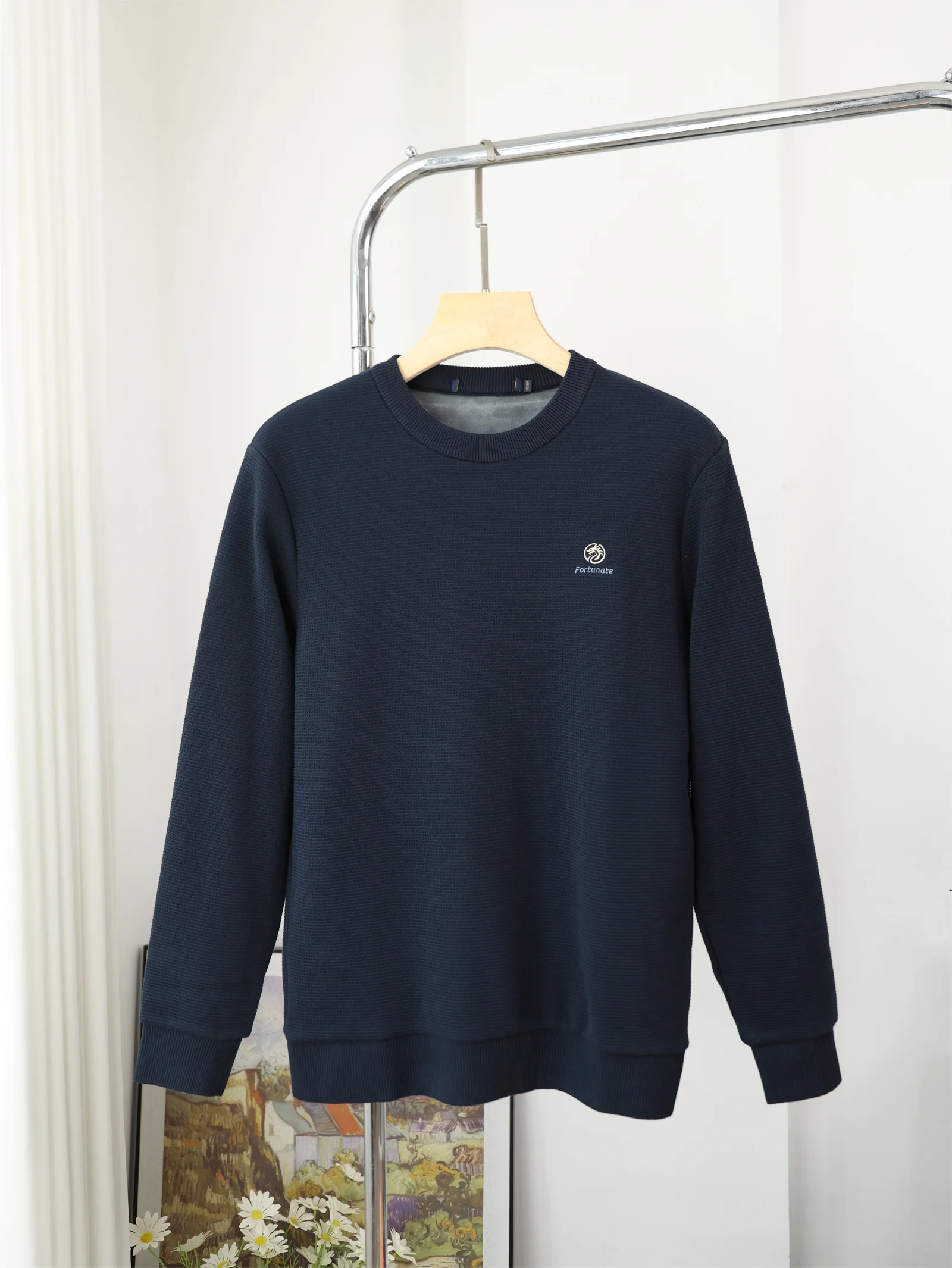 

Deep Blue Knitted Long Sleeve Crew Neck Pullover T-Shirt Embroidered Net Color Sweatshirt Men's Casual Style round Neck Logo ...