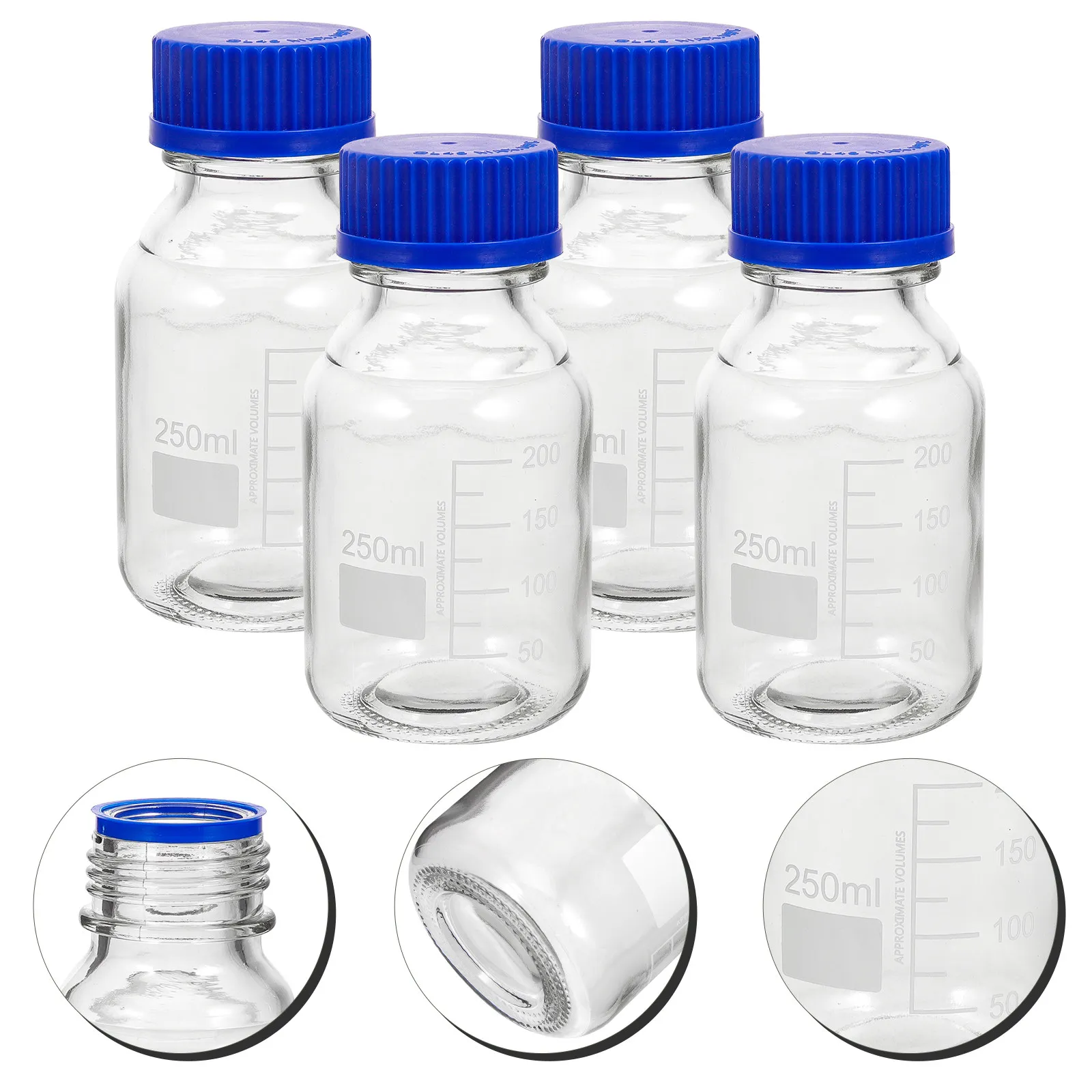 4Pcs Graduated Glass Reagent Bottles Blue Cap Durable Empty Storage Screw Cap Wide Mouth Bottles Laboratory Chemical Use