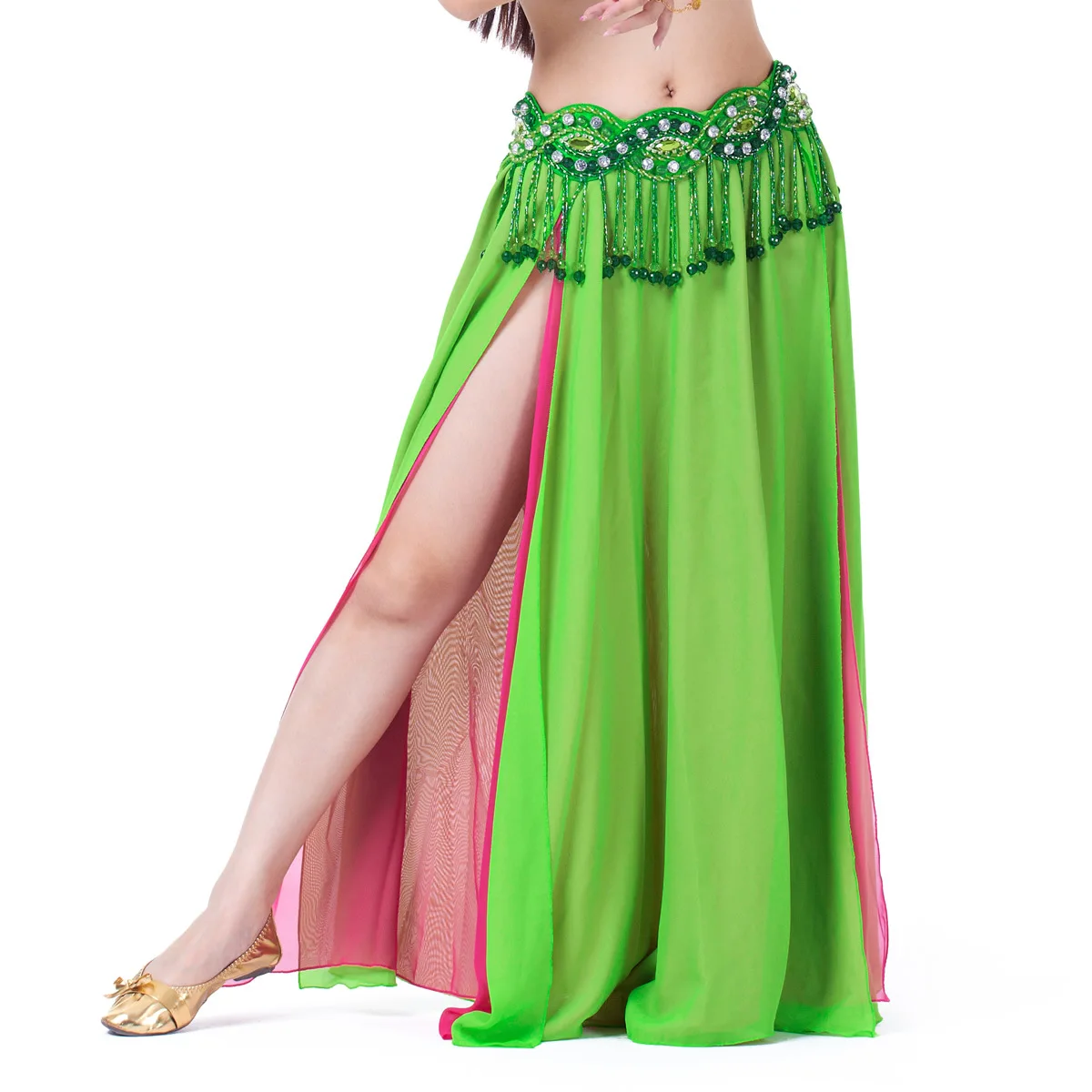 Dubbele Split Chiffon Rok Buikdans Sexy Rok Podium Show Performance Kwastjes Pailletten