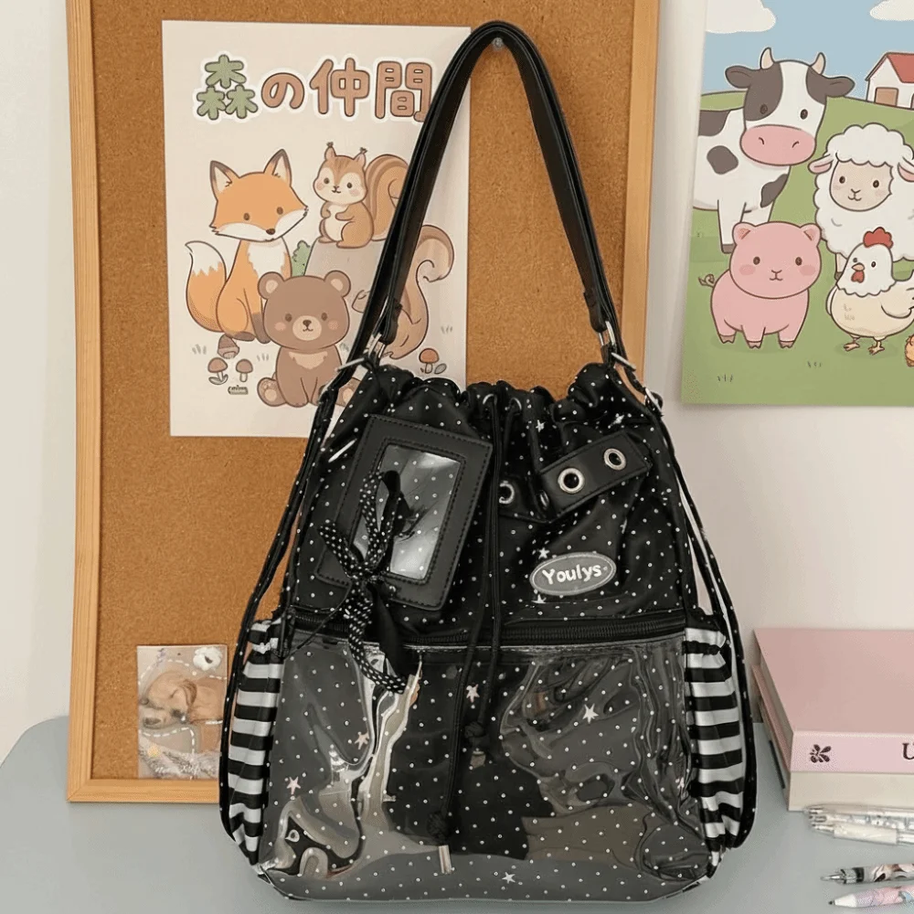 Polka Dot Pattern Ita Backpack Drawstring Clear Pocket Tote Bags Large Capacity Sweet Style Multi-functional Bag Daily Use