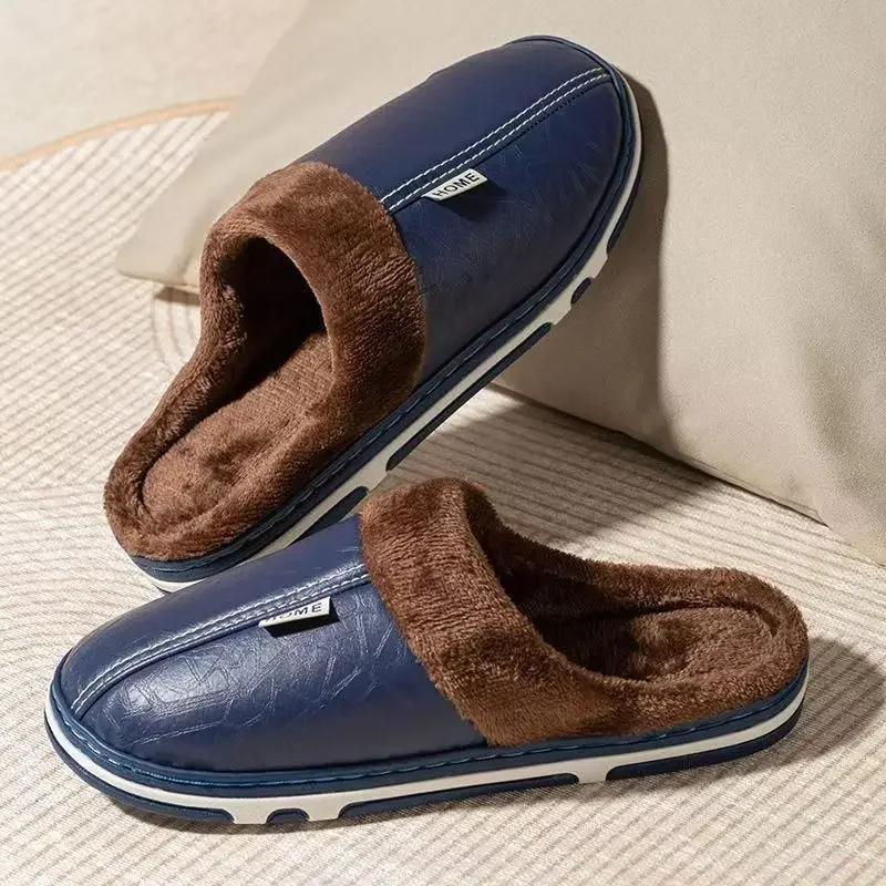 Men's Big Size Winter Slippers Indoor PU Leather Home Waterproof Fluffy Casual Slides Men Bedroom Comfy Shoes Houseshoes