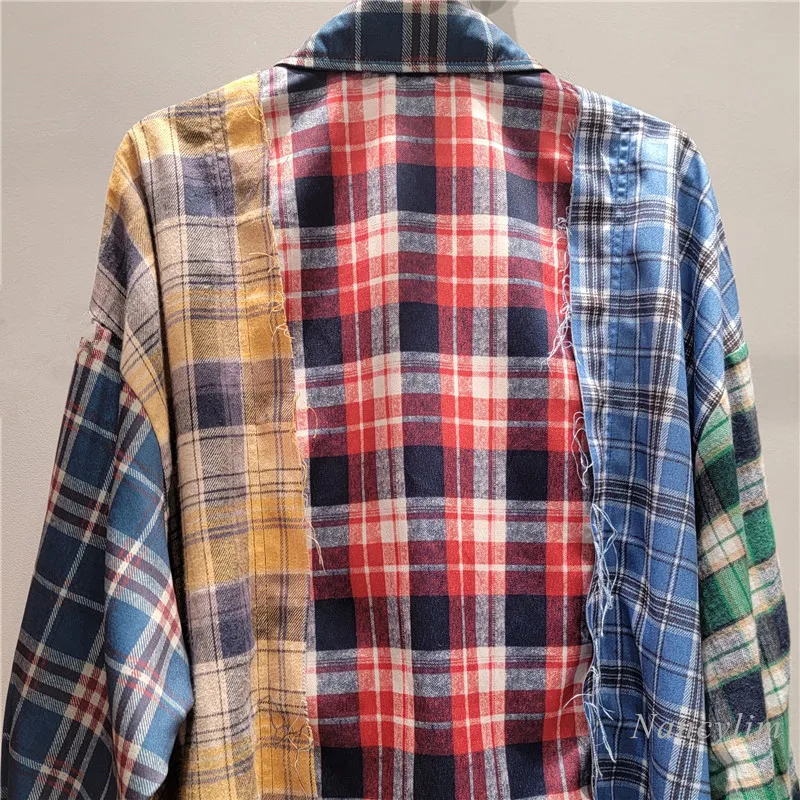 Retro Loose Casual Plaid Shirt Women\'s 2024 Autumn Splicing Contrasting Color Design Hot Girl Top Long Sleeve Street Blouse