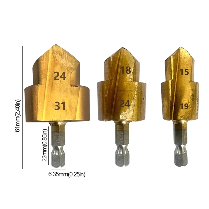 Broca escalonada de 3 piezas, vástago hexagonal, herramienta de conexión de tubería de agua de 20/25/32Mm, broca central para perforación de madera