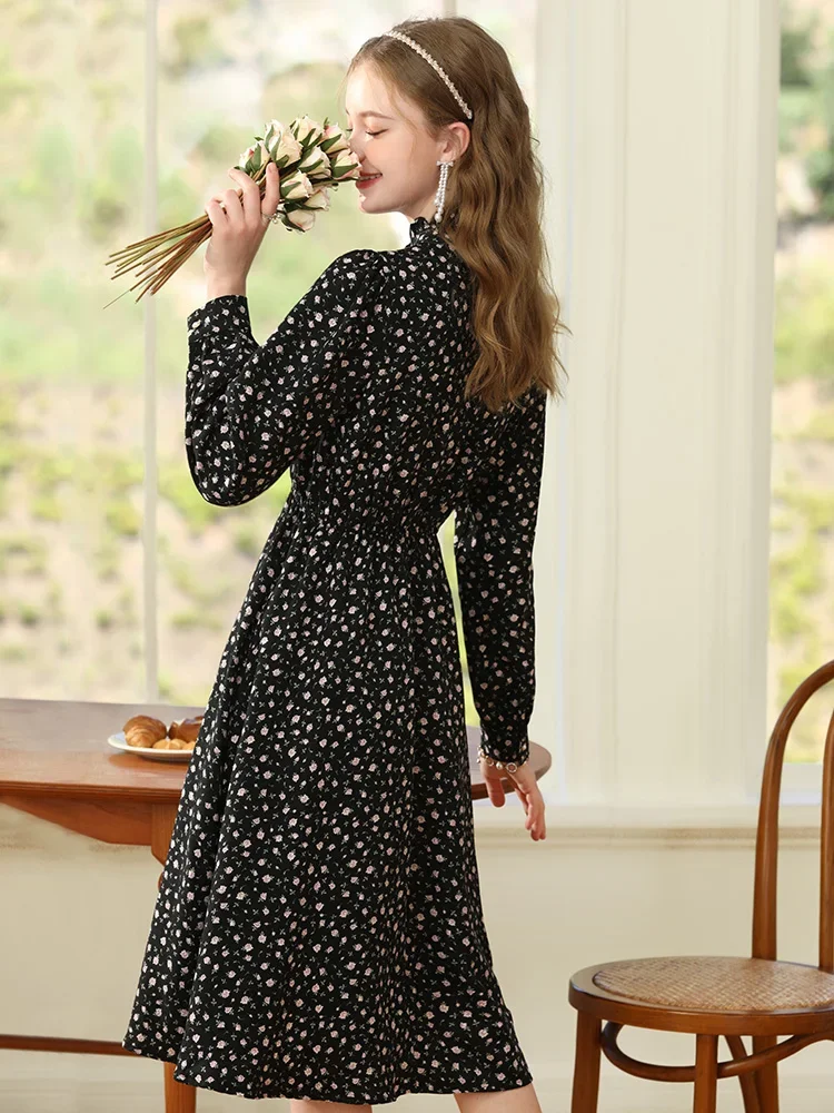 I BELIEVE YOU Autumn New French Black Dresses for Women Long-sleeve Floral Female 2023 High Waist A-line Vestidos 2234095420