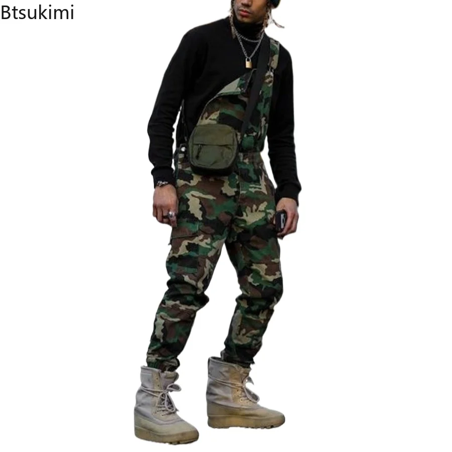 New2026 Men\'s Camouflage Strap Long Pants Overalls Cross Button Man Casual Pants Jeans One Piece Jumpsuit Denim Cargo Pants Male