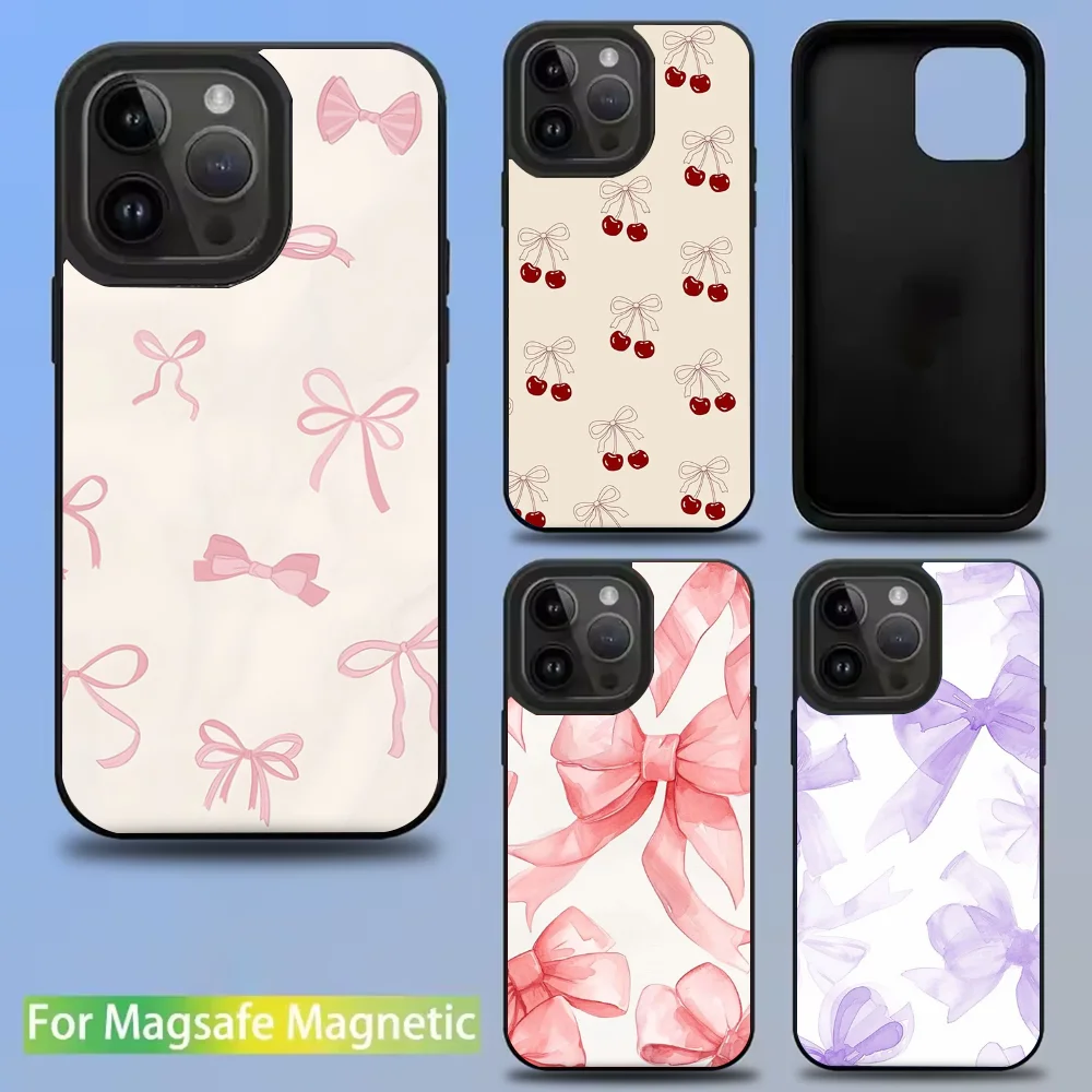 

Korean Cute Pink Bow Phone Case For IPhone 16 15 14 13 12 11 Pro Mini Max Soft Magnetic Cover