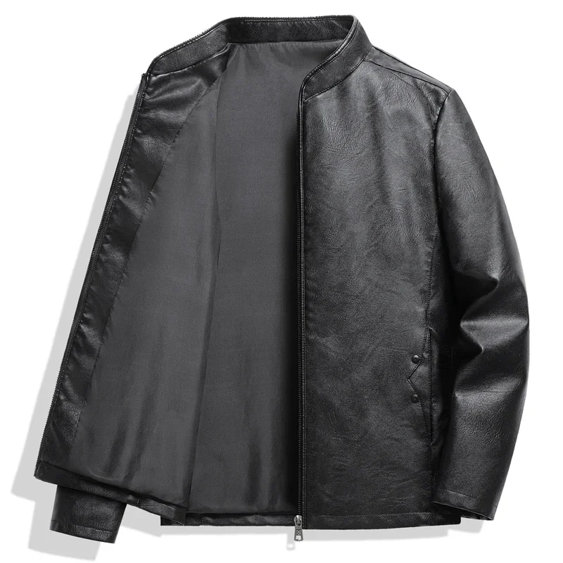 2024 New Oversize Men's Stand Collar PU Leather Jacket Motorcycle Plus Size Faux Leather Coat Business Casual Winter Outwear