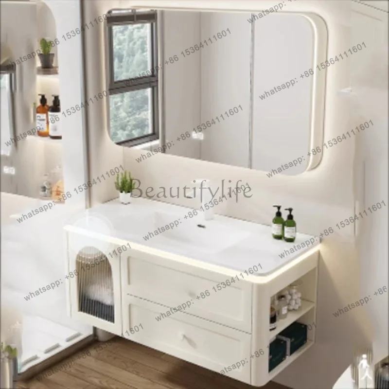 YJ Unique Drawers Bathroom Cabinet White Waterproof Luxury Vanity Bathroom Cabinet Full Set Floating Mobile Da Bagno Furniture H