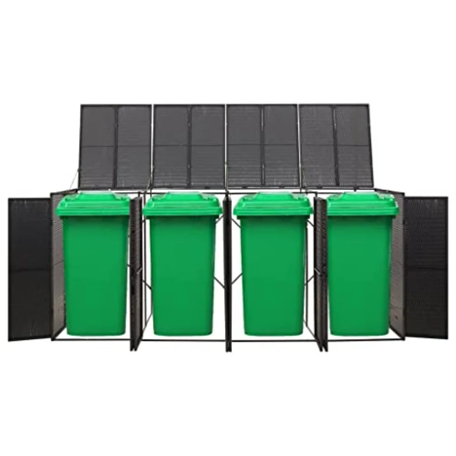 Outdoor quadruple wheelie bin shed for garden waste storage, weather-resistant poly rattan material, charcoal gray color, space