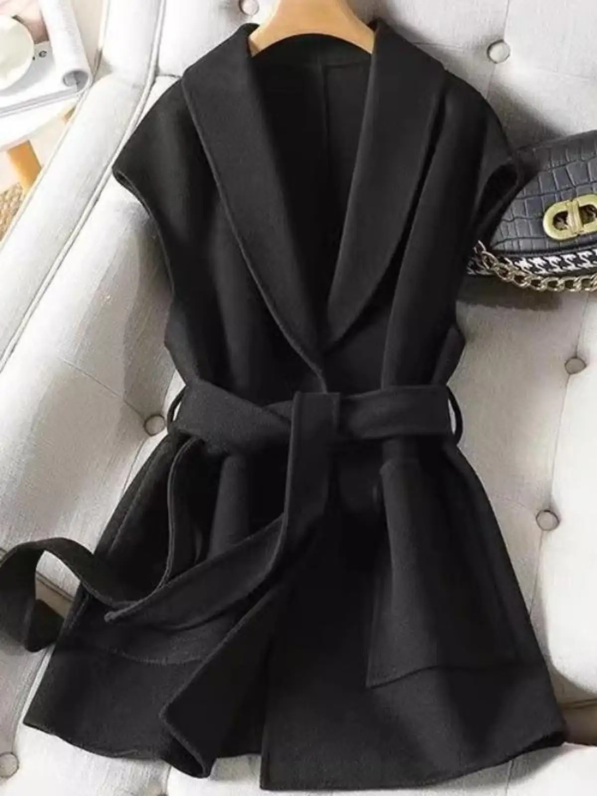 

Женский шерстяной жилет средней длины на осень-зиму с отложным воротником, модный, стройнящий, с поясом