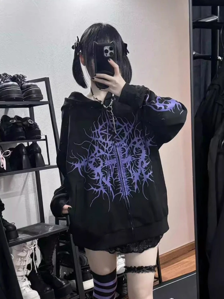 Women Japanese Vintage Printing Y2k Aesthetic Jackets Loose