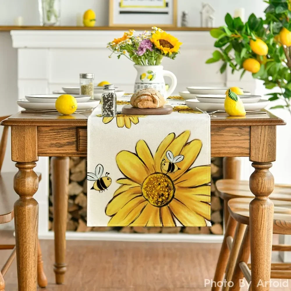 Artoid Mode Beige Bee Sunflower Summer Table Runner, Seasonal Spring Flowers Kitchen Dining Table Decoration for Home Party