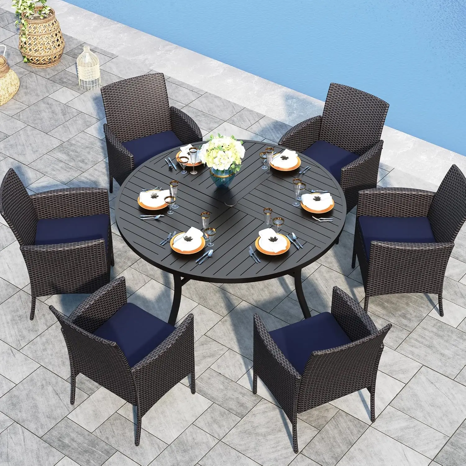 

Комплект для патио из 7 предметов: круглый обеденный стол и 6 стульев из ротанга, металлический стол для улицы, всепогодный, для использования на открытом воздухе, с возможностью индивидуальной настройки