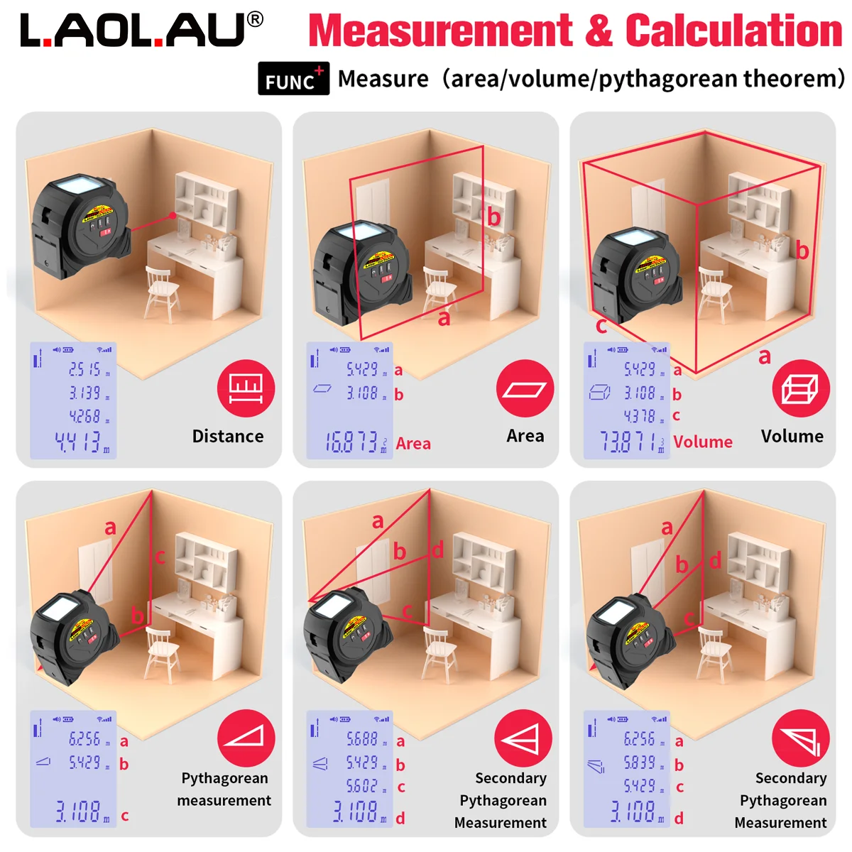 3-in-1-Laser-Entfernungsmesser, 5 m Maßband, 60 m/196 Fuß / 40 m/131 Fuß, Handlaser-Messgerät, Messwerkzeug, Kreuzlinien-Laser-Wasserwaage, Schnalle – Detail 10