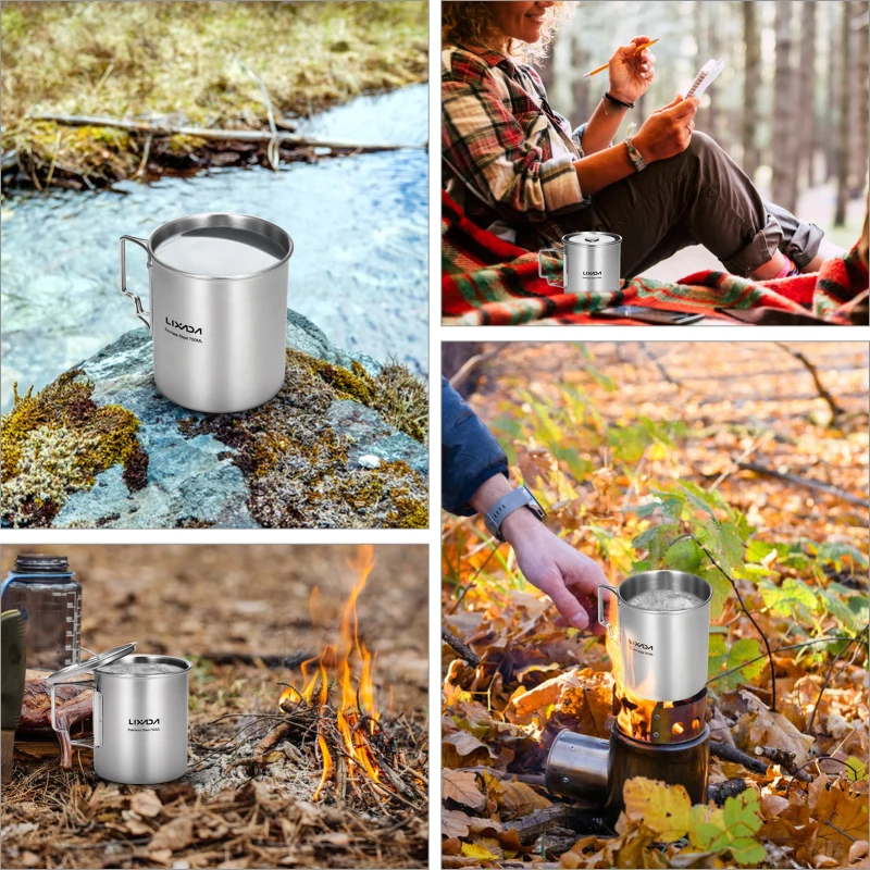 Lixada 750ml Cup Outdoor Stainless Steel Water Cup Mug with Foldable Handles and Lid for Camping Hiking Backpacking