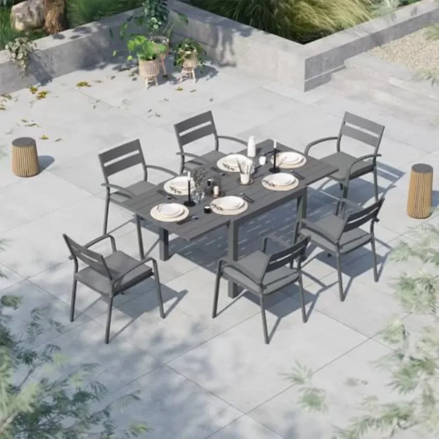 Aluminum Extendable Outdoor Dining Table for patio use, lightweight silver aluminum, rust-resistant finish, expands to seat 8 c