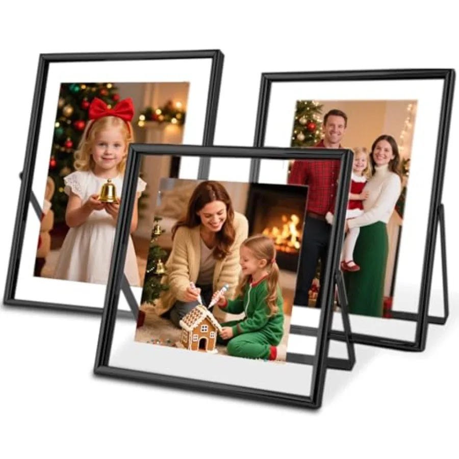 

Floating Picture Frames - Set of 3, for Photo Size 4×4, 4×6, 5×7, Vertical Tabletop Display, Double Glass Metal Frame for Weddi