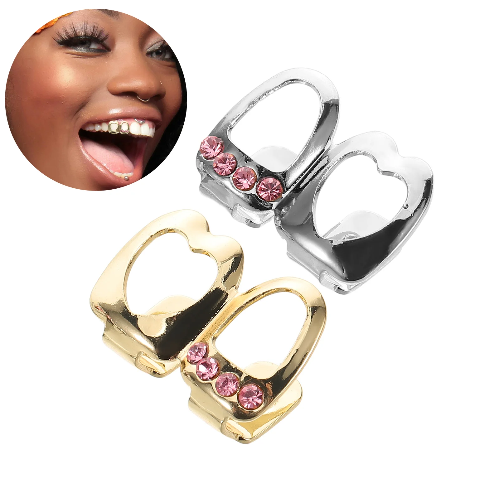 

2pcs Pink Zircon Heart Teeth Caps Hollow Out Grill Mouth Pieces For Hip Hop Jewelry Men Women Bling Rapper Fashion Party Wear