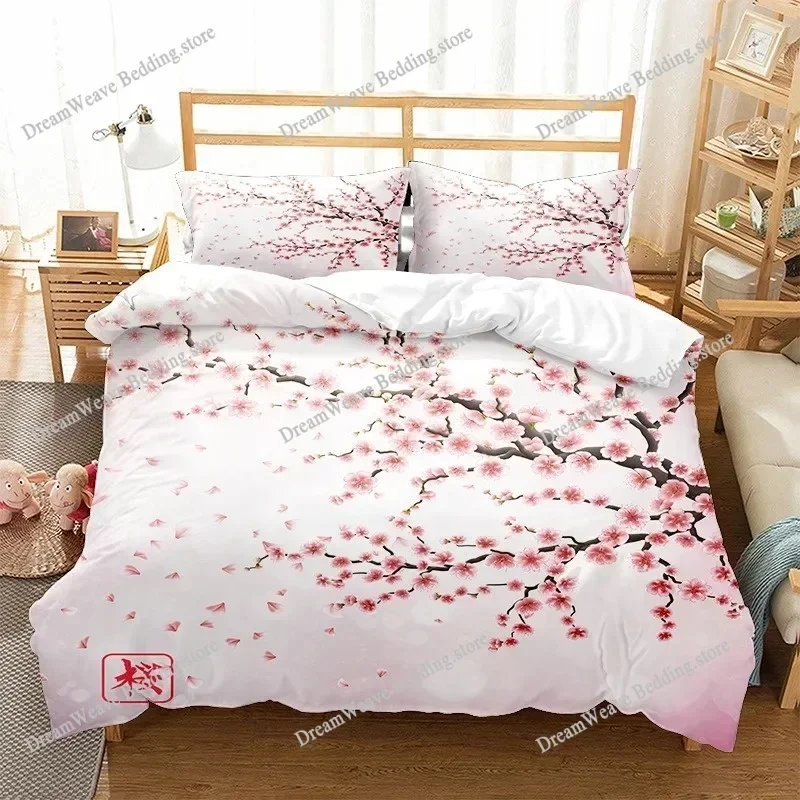 Bedding Decor Japanese Duvet Cover Branch of A Flourishing Sakura Tree Flowers Cherry Blossoms Spring Art Polyester Bedding Set