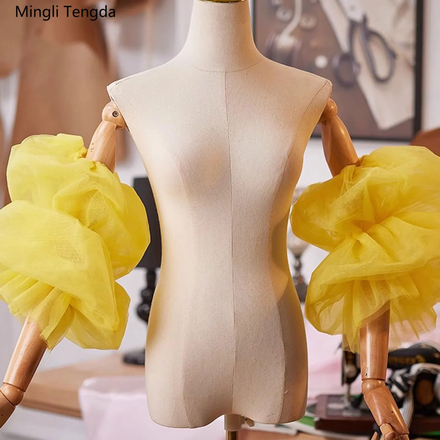 Mingli Tengda قفازات زفاف طويلة للعروس من التول الأصفر بأكمام طويلة ملحقات الزفاف صور الدعائم متعدد الألوان مصنوع حسب الطلب