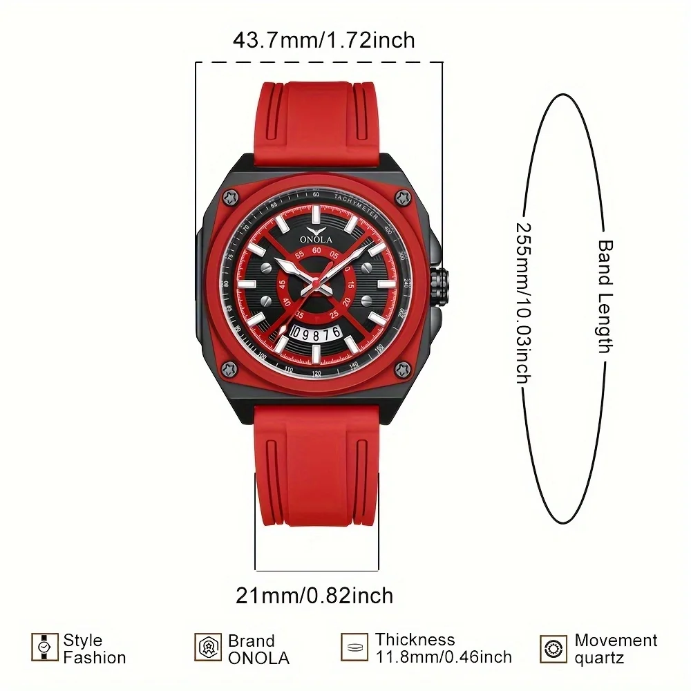ONOLA Round Sports Quartz Watch All Black Matte Case Embossed Silicone Strap Single Date Window Night Light Hand Waterproof Men'