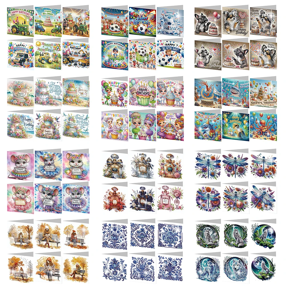 6개 DIY 라인스톤 다이아몬드 아트 모자이크 엽서 동물 패턴 다이아몬드 아트 감사 카드 및 휴일 축복 카드