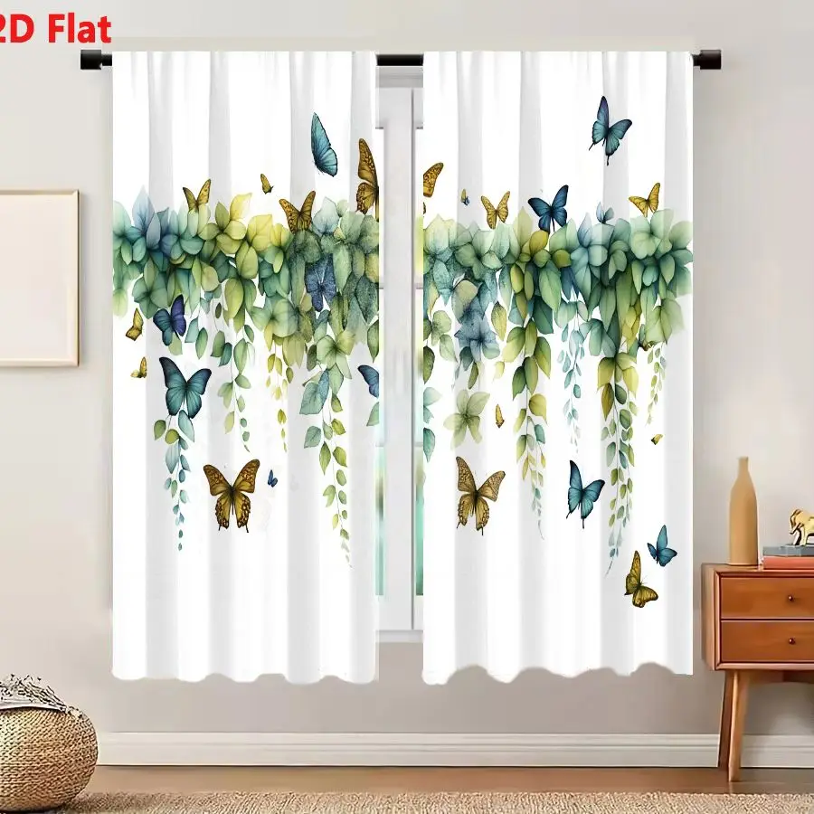 2Pcs Curtains 2D Flat Cascading Foliage And Butterflies Watercolor Illustration On White Background Window Drapes for Bedroom Ro