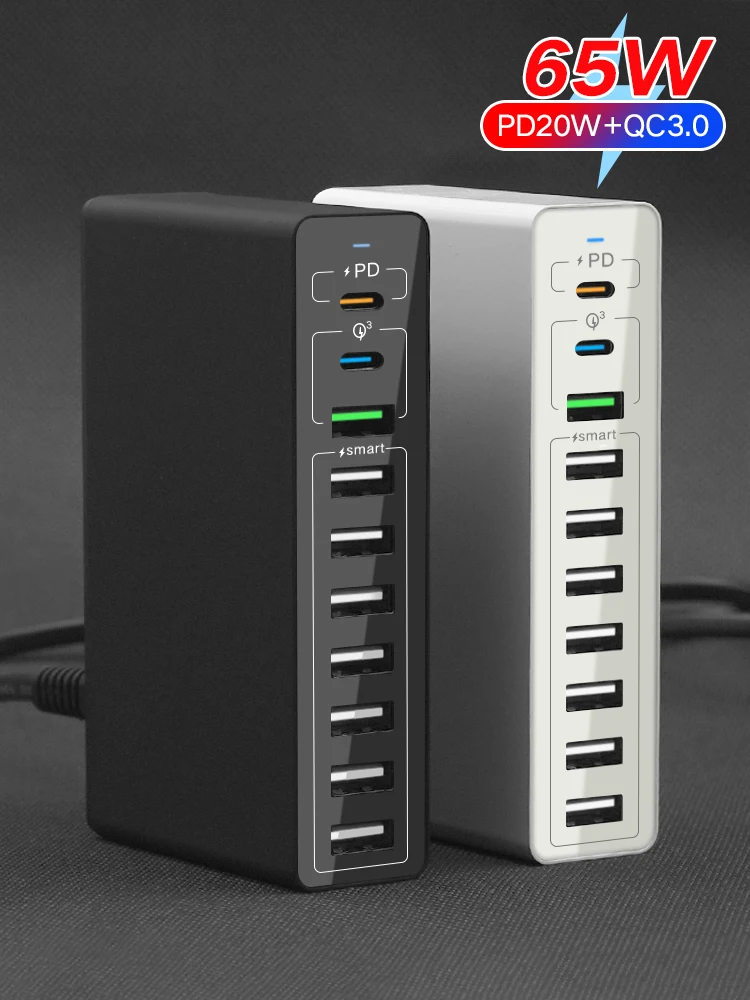 65W 10 Usb Fast Charging Charger Type C Pd 20w For Samsung Iphone 13 14 Pro Max 60W Mobile Phones Multiple Ports Hub Station