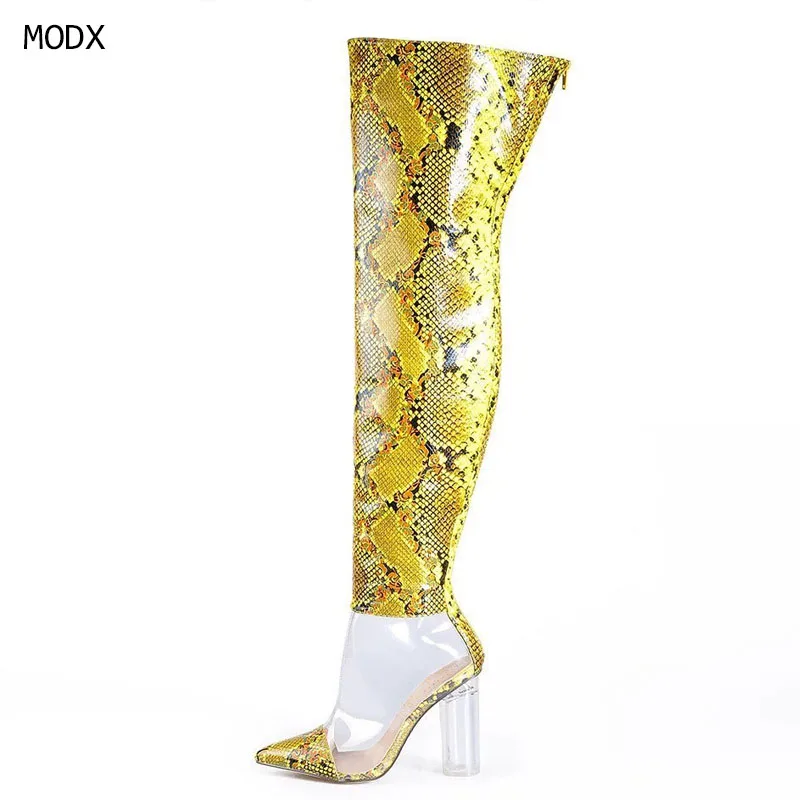 

Women Yellow Snake Print Over The Knee Boots Pointed Toe Clear Transparent Block Heel Party Club Streetwear Boots Plus Size 2026