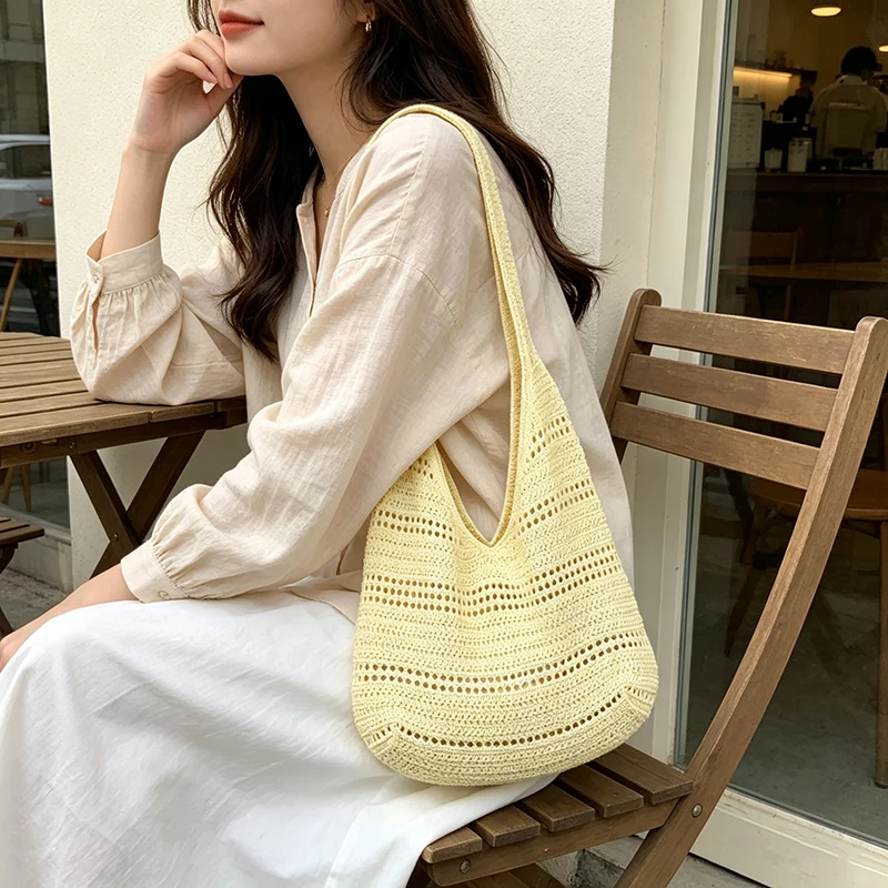 Hohlgestrickte Unterarm-Schultertasche, koreanische Damen-Handtasche, süß, niedlich, schlicht, einfarbig, gewebte Handtasche, lässige Tragetasche für Pendeln und Reisen – Detail 9