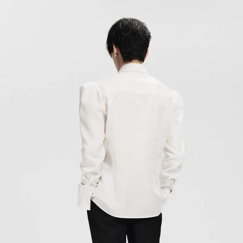 WVGA Spring Autumn New Men's Pointed Collar Regular Shoulder Puff Sleeve Shirts Niche Chic Casual Waist-cinching Tops Ins W26473