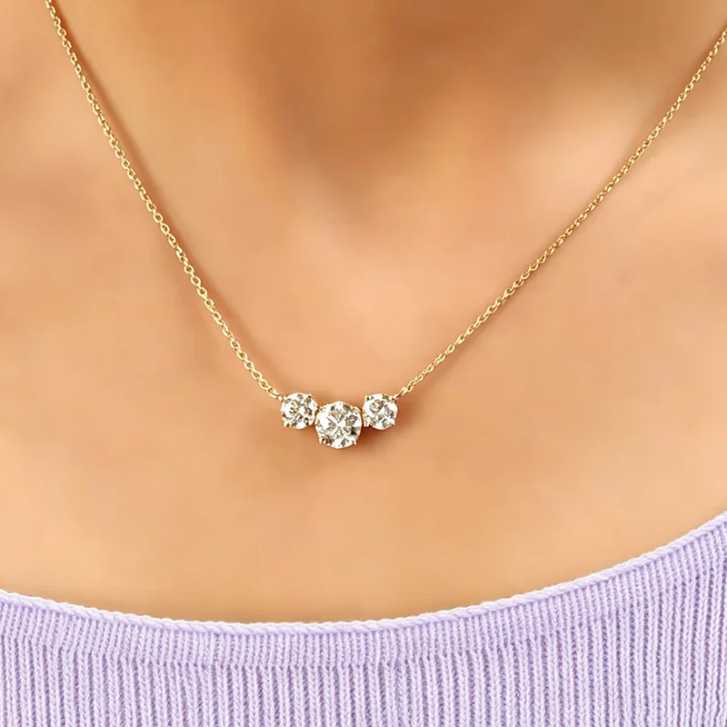 OXTAO Real Moissanite Diamond Necklace 6.5mm&5.0mm D VVS1 for Women Anniversary Luxury Jewelry Gift Three Stone Pendant Necklace