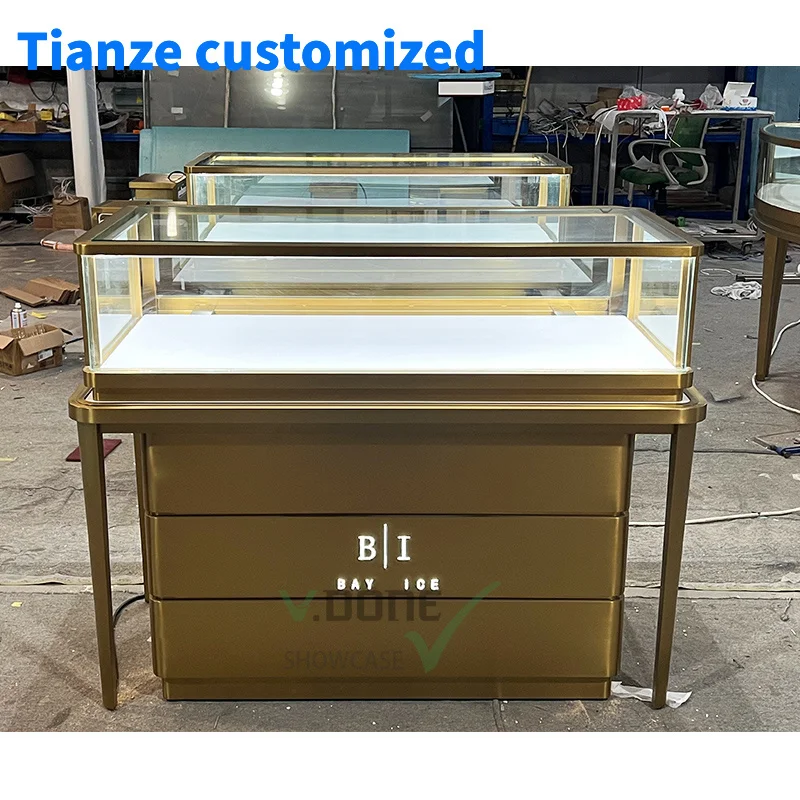 [Customized]high end factory price golden jewelry display showcase cabinet furniture