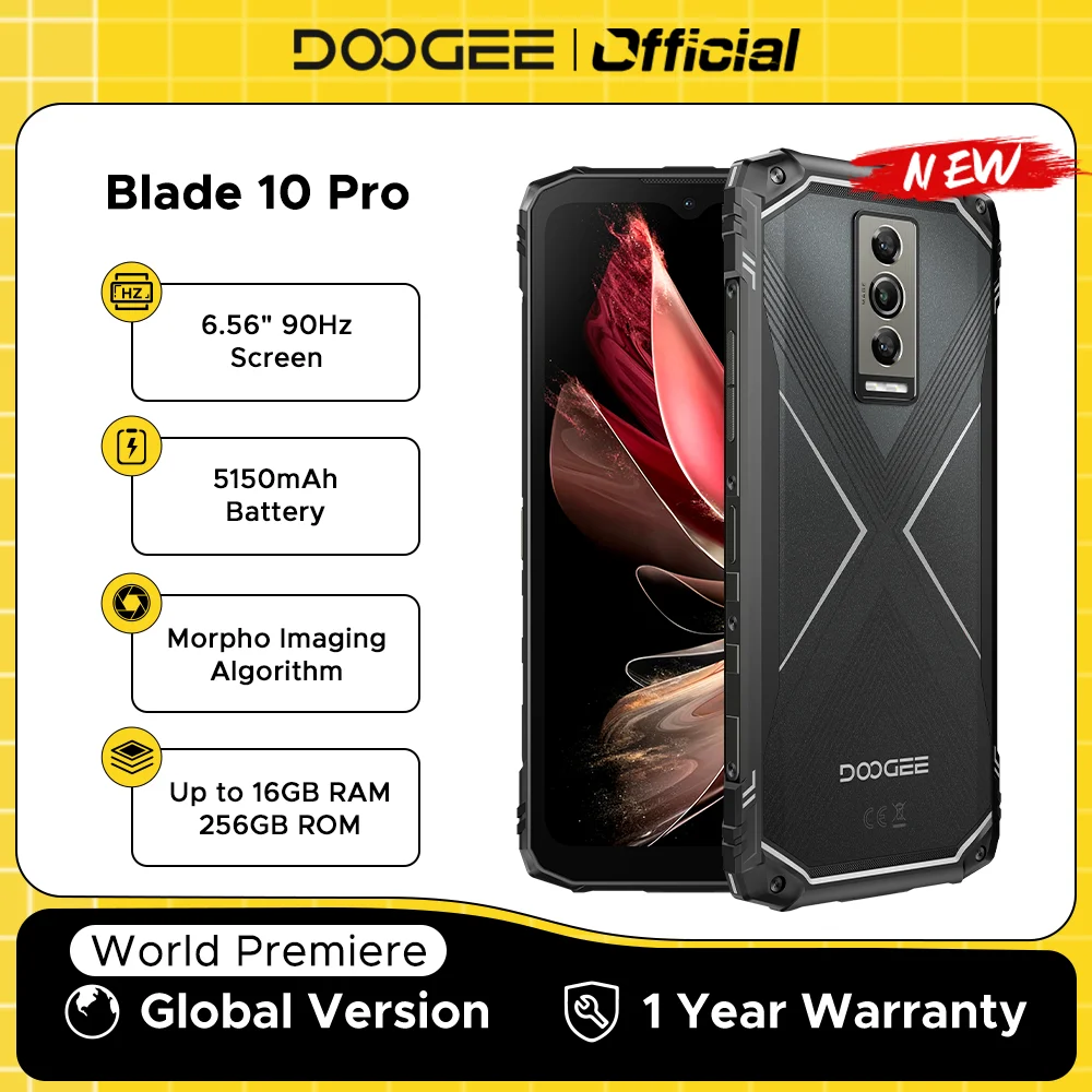 Versão global doogee blade10 pro telefone robusto android 14 6gb + 256gb octa core 6.56 "90hz tela ips 50mp ai câmera principal 5150mah