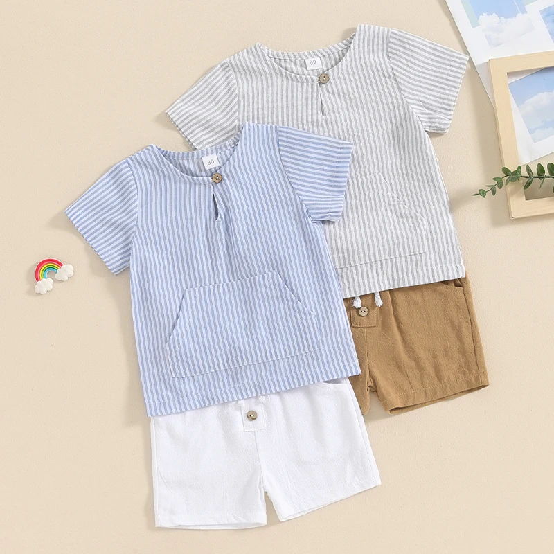 

Baby Boy Summer 2Pcs Outfits Short Sleeve Striped Print T-Shirt + Button Shorts Set Toddler Clothes