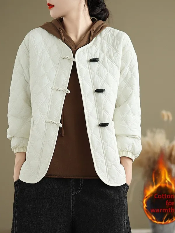 

Thiened Cotton Jaet round Ne Retro Sle for Women Autumn Winter Coat Dubill Button Closure Diamond Stitching Design