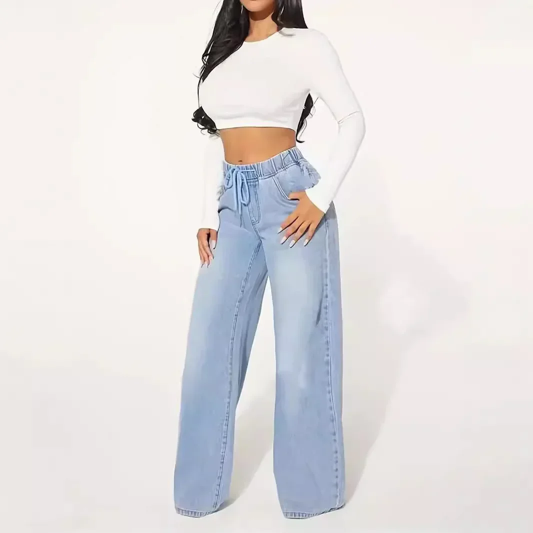 

Wide Leg Pants Jeans Women Vintage Denims Floor Length High Waist Drawstring Washed Distressed Pockets Streetwear Trousers