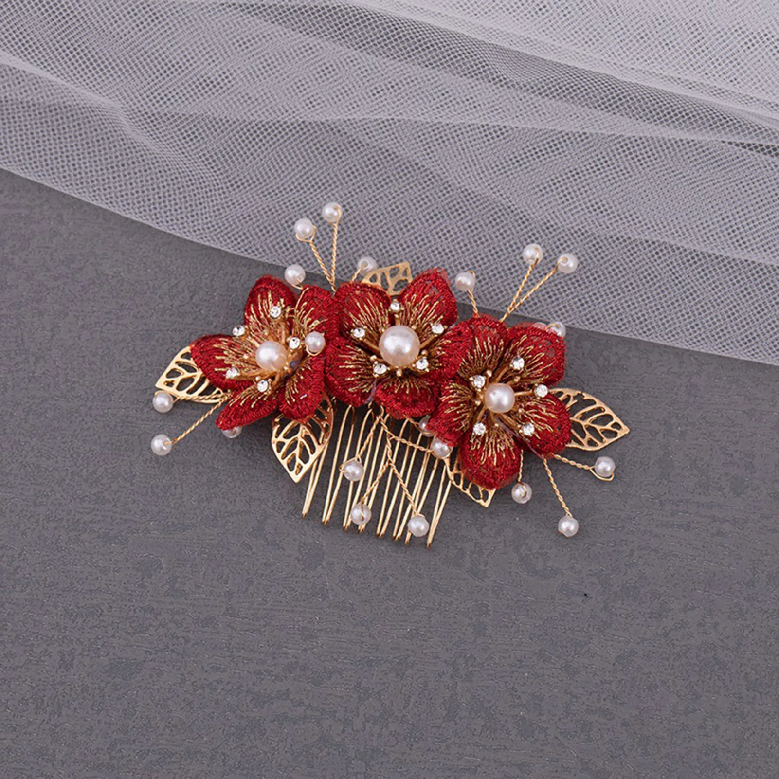 Red Floral Hair Comb Wedding Accessories Golden Pearl Tiaras Hairpin Charm Girls Wedding Headpiece Bride Crown Gift Hair Jewelry