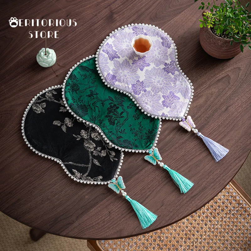 Chinese Tea Mat Beaded Brocade Gourd Handmad Dry Bubble Coaster Purple Zen Small Teapot Mat Fabric Rug Tea Ceremony Accessories