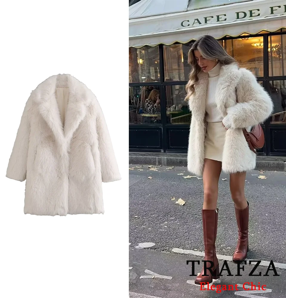 TRAFZA elegante inverno sciolto cappotto di pelliccia sintetica giacca da donna con risvolto nuovo 2024 inverno moda glamour cappotto di pelliccia sintetica High Street