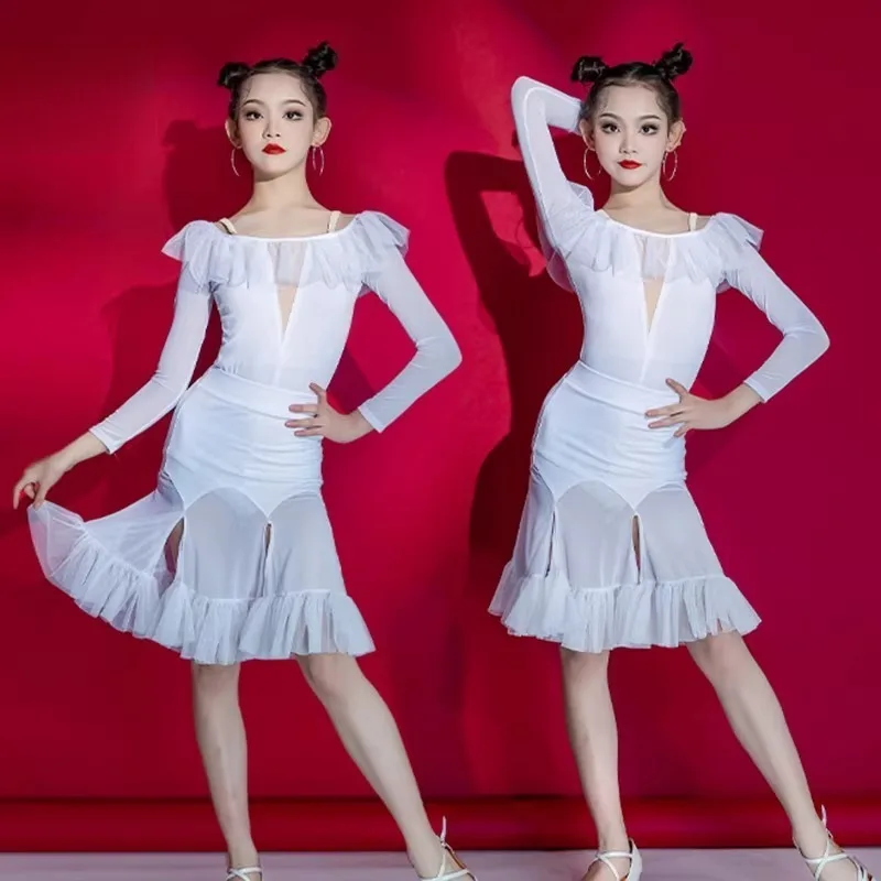 

Girls Latin Dance Outfit Kids Flowy Skirt 3D Flower Samba Cha Cha Costume Professional Competition Practice Wear Dance Costume