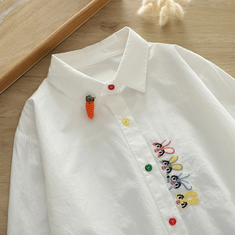 Spring Autumn Cartoon Rabbit Embroidery Long Sleeved Shirt Women Clothing Colorful Button Female Cotton Blouse Tops U029