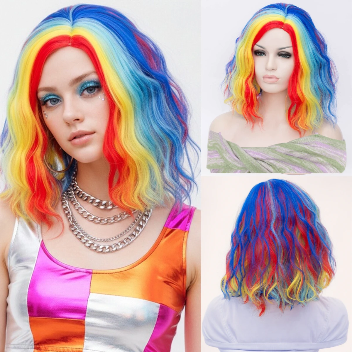 

Lady Synthetic Short Curly Wave Rainbow Bob Wigs with Side Bangs For Women Daily Cosplay Party Heat Resistant Fake Hair
