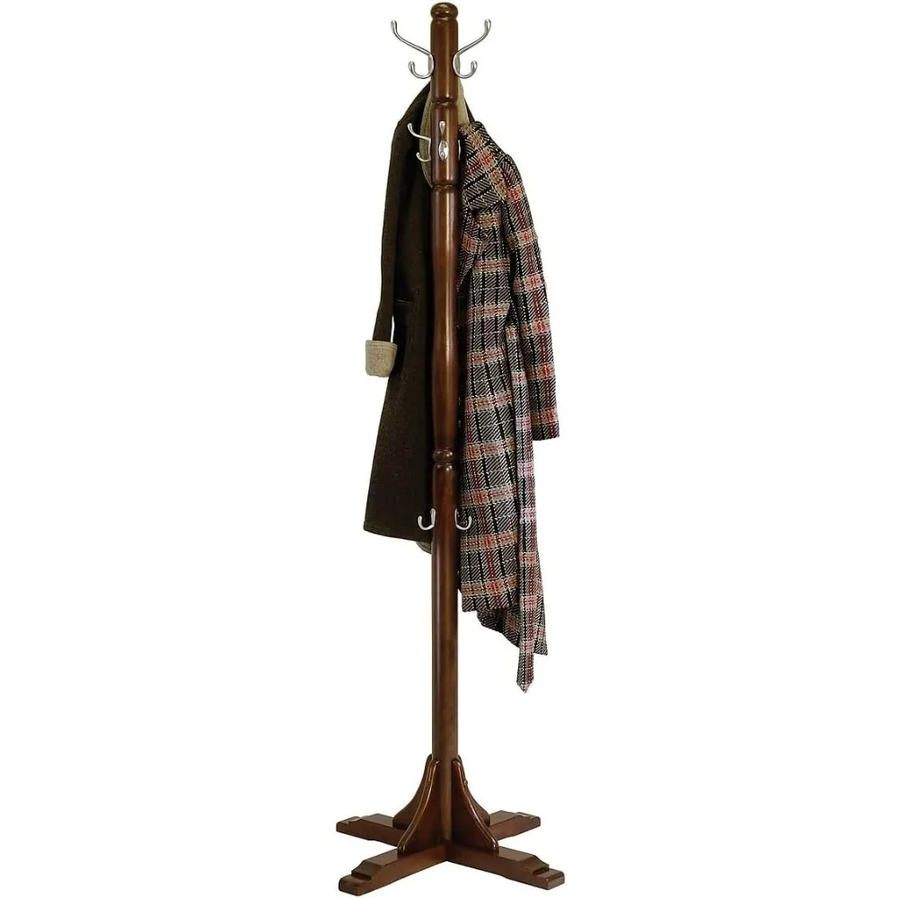 Coat tree, cappuccino, wood, with three layers of hooks, used for long coats, hats, and children's jackets. Assembly is required
